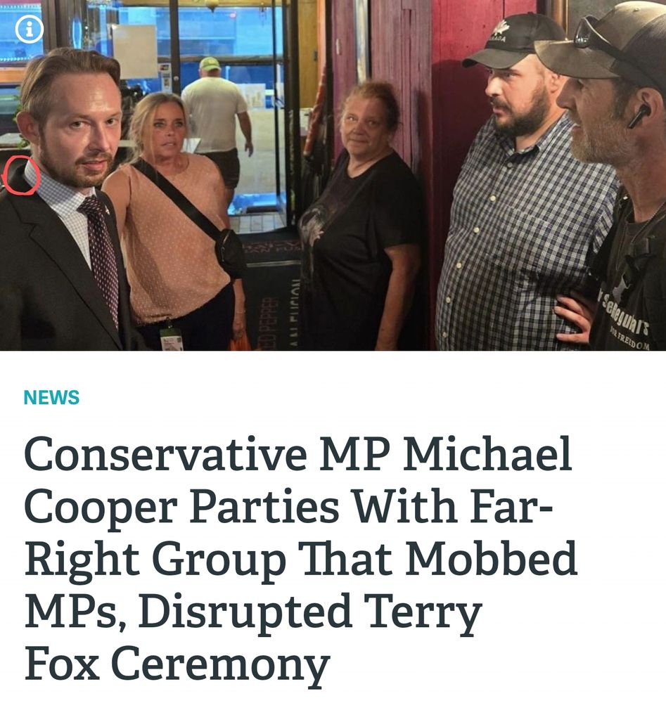 conservative MP Michael Cooper wears a suit with an appreciable collar gap while partying with far-right group that moved MPs, disrupted Terry Fox ceremony