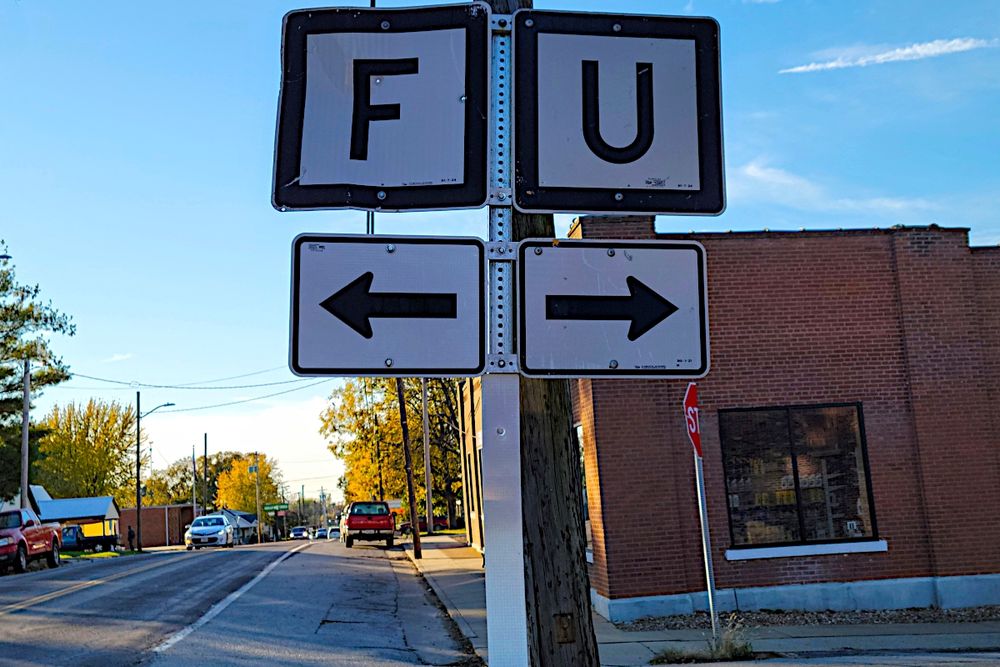Cellphone Photo: A single post in a very small town in the midwest holds markers for two "alphabet" highways: "F" to the left and "U" to the right.
"Two roads diverged in a yellow wood,
"And sorry I could not travel both
"And be one traveler, long I stood
"And looked … " The Road Less Travelled, Robert Frost
Cole Camp, Missouri
November 2021
SM-G991U: ƒ/2, 1/619, 5.9mm, ISO25