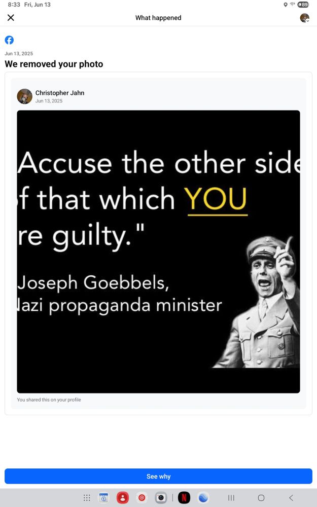 A photo of Nazi propagandist Joseph Goebbels, and the quote 
