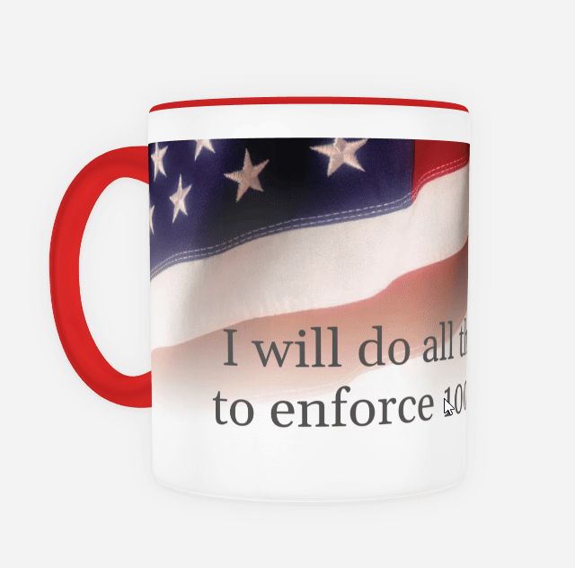 Image of a white and red mug. The mug has the American flag on it, overlaid with the text "I will do everything we can to enforce 100% OPSEC"