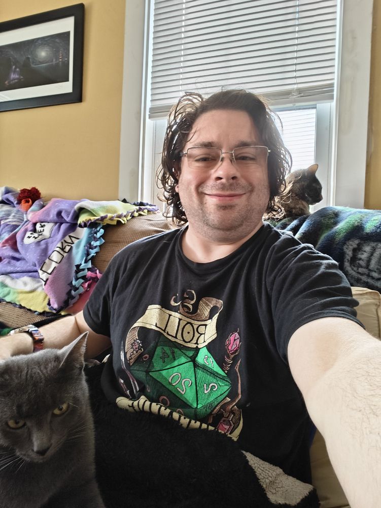 A person sitting on a couch with a grey cat on their lap and a tortoiseshell cat on the back of the couch looking out the window