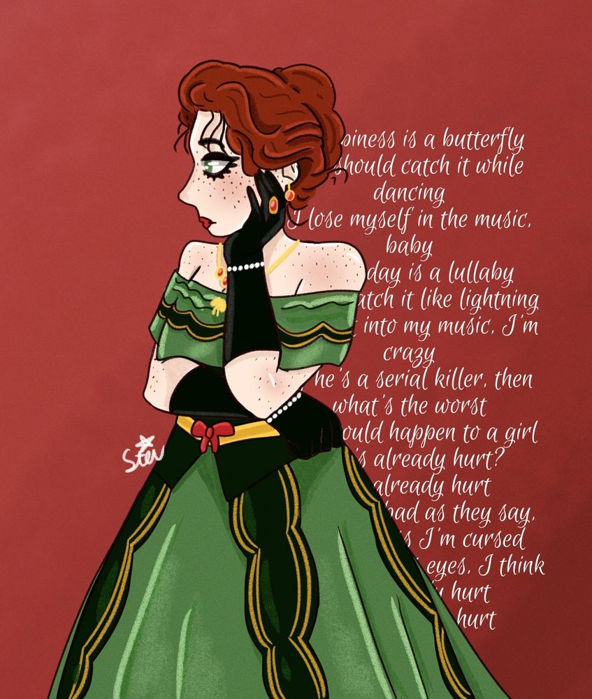Digital art of Molly O’Shea from red dead redemption 2, facing to the side with a hand on her face and across her, in her black/green cut from the game gown, with Lana del Rey’s happiness is a butterfly lyrics pasted behind her in white, on a red background