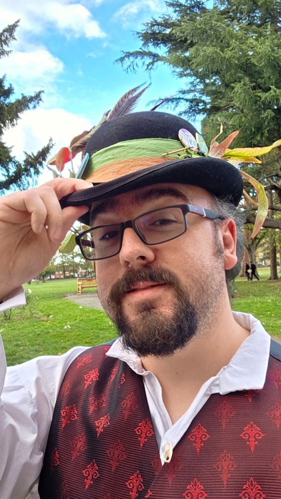 Me, in a morris hat - and a red flur de lys waistcoat 
