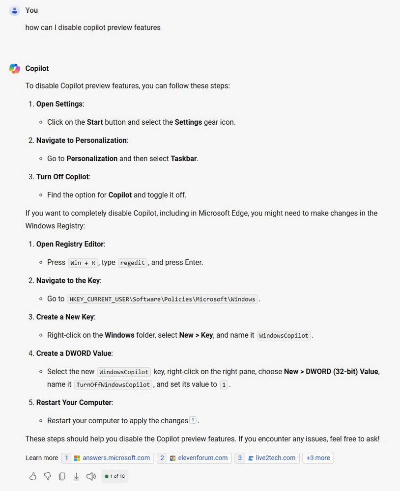 An exchange with Microsoft Copilot, in which I ask it how to disable Copilot preview features and it instructs me to edit the registry.