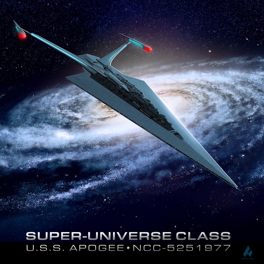 The Super-Universe class USS apogee NCC–5251977. The nacelles from the Enterprise-J are fused to the Super Star Destroyer the look of a giant spear with nacelles. It's floating in front of a galaxy (or not galaxy depend, depending on how you see the end of Empire)