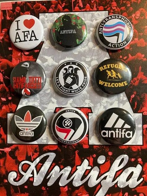 photo of nine different anti-fascist pins