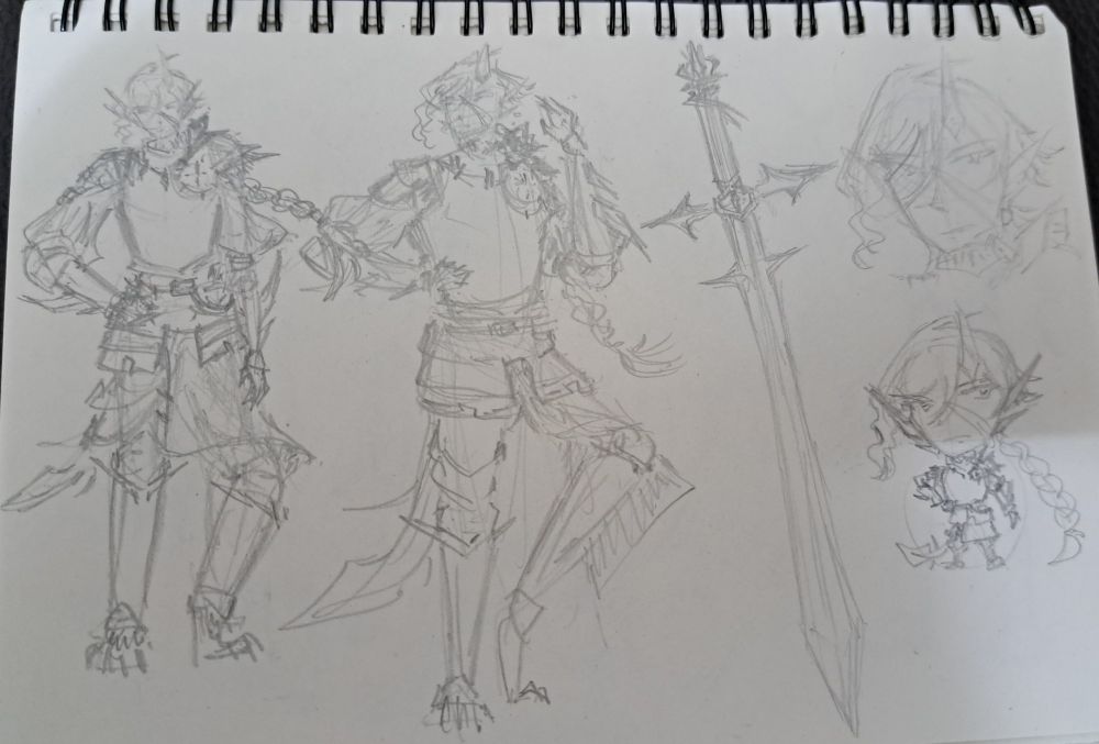 pencil sketches of Narcissus, wearing plate armour with thorn-like compositions. the picture includes a drawing of Narcissus' two-handed sword, a close-up of Narcissus' face, and a chibi character of Narcissus. Narcissus has a horn above his left eye, long white hair tied into a braid with a ribbon, and a long scar stretching from his nose bridge to his lower left chin.