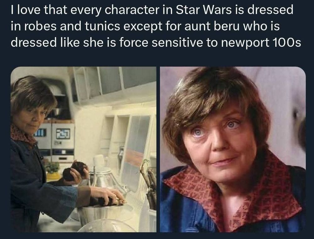 I love that every character in Star Wars is dressed in robes and tunics except for Aunt Beru who is dressed like she is force sensitive to Newport hundreds