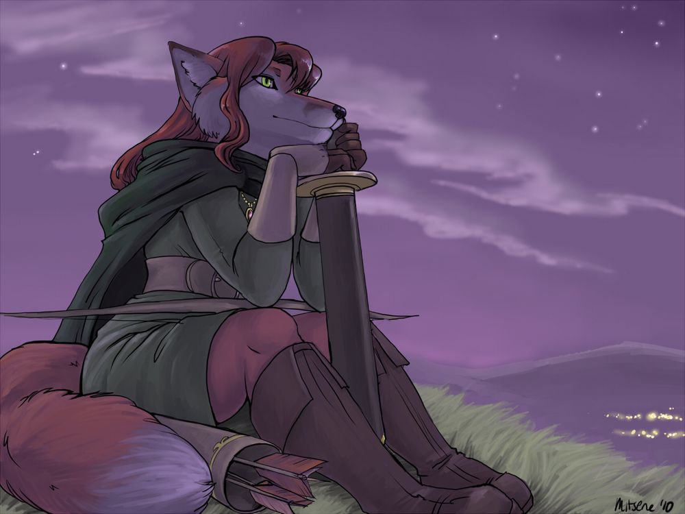 anthro character looking out on a hill at night