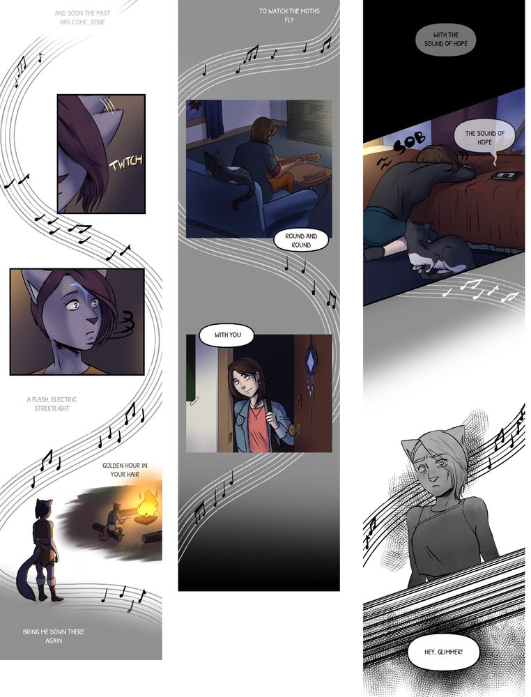 multiple panels of musical notes through a vertical comic scene