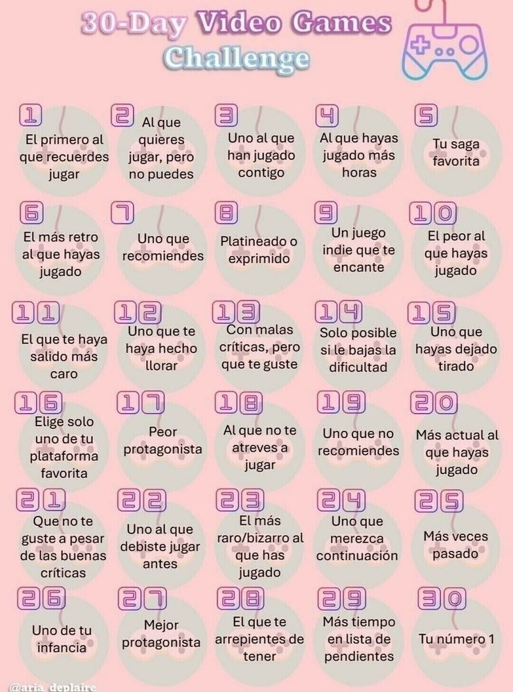 Plantilla de un reto de 30 días sobre videojuegos. Es de fondo color salmón pastel y son retos de decir, por ejemplo, el más retro que hayas jugado, al que no te atreves a jugar, el que te arrepientes de tener…
