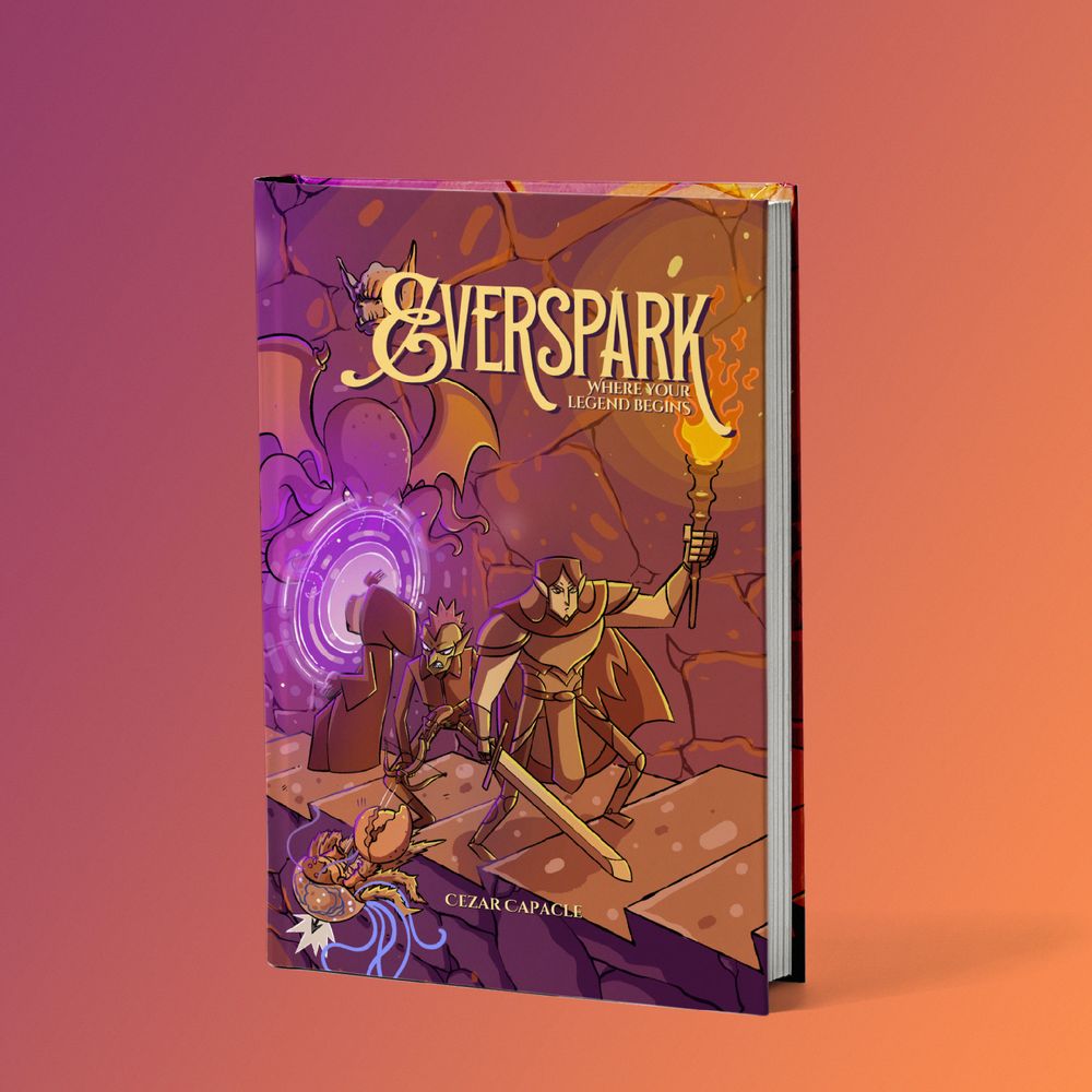Mockup of the hardcover version of Everspark, a group of adventurers exploring a dungeon, shades of orange and purple. 