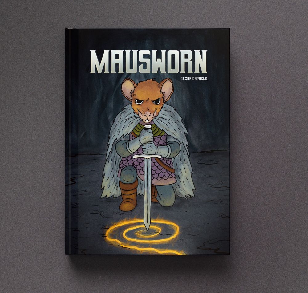 Mockup of the book cover for Mausworn, showing a mouse warrior kneeling with a sword over a spiral of fire