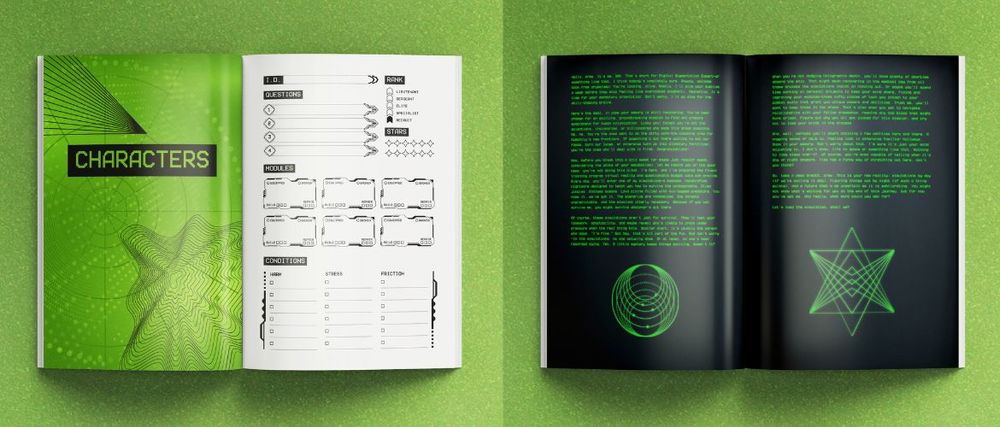 Mockup of book spreads for Load the Simulation, showing a character sheet and some green computer like text over a black background
