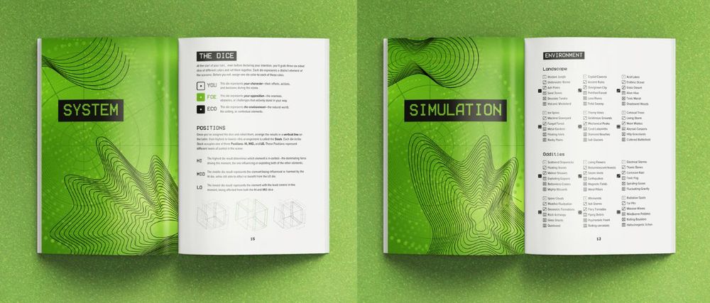 Mockup of book spreads for Load the Simulation, showing a bit of the dice rules and a couple of random tables