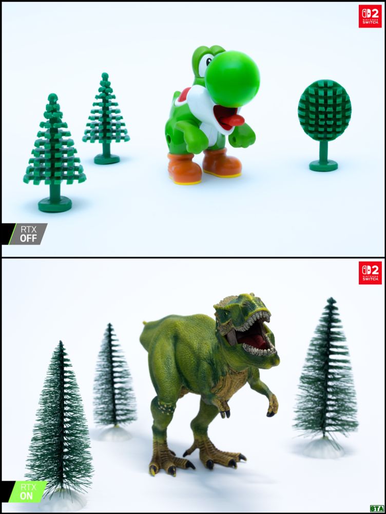 A toy photo formatted in the RTX Off / On Meme format. In the upper (RTX OFF) photo a cheap Yoshi toy is standing in the middle of some low poly looking old (I think) lego trees. In the lower (RTX ON) photo a highly detailed T-rex toy is standing in the middle of more detailed trees. In the right upper corner of both photos is the Nintendo Switch 2 logo.