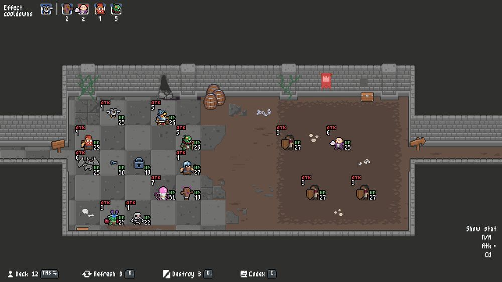 Two armies of creatures positioned in a grid are facing each other.
Above each unit you can see their health and damage.
Other unit elements, such as buttons, frame the battlescape.