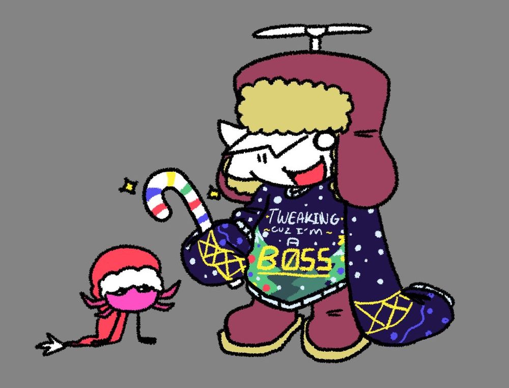 tweakfan and kinito dressed up in christmas attire. the ugly sweater tweakfan is wearing has writing that says "tweaking cuz i'm a boss".