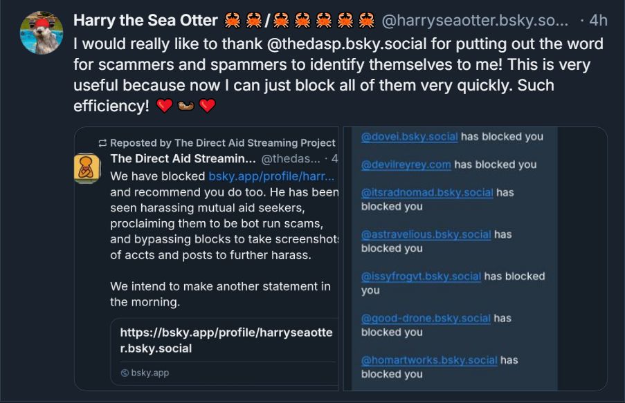 A screenshot showing Harry The Sea Otter posting a screenshot of The DASP's bluesky where we are telling people to block him using his profile link. 