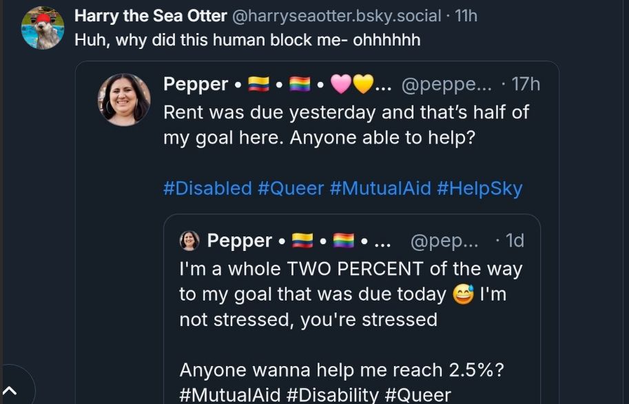 A screenshot of Harry the Sea Otter publicly shaming Pepper for blocking him and accusing her of being a bot.