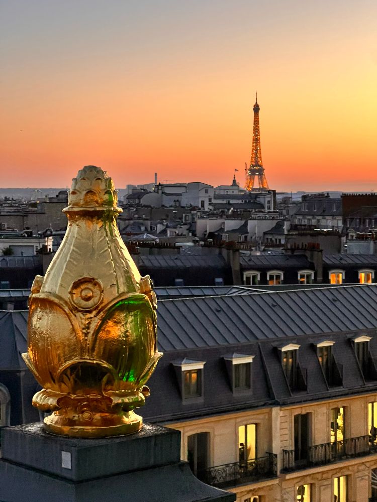 Vue de la tour effeil et d’une dorure à partir du toit des galeries lafayette au coucher du soleil. 