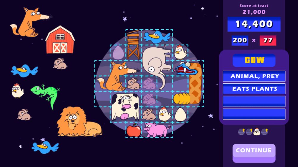 Planet with animals arranged on it. Also some gameshow looking UI with balatro-esque scoring.