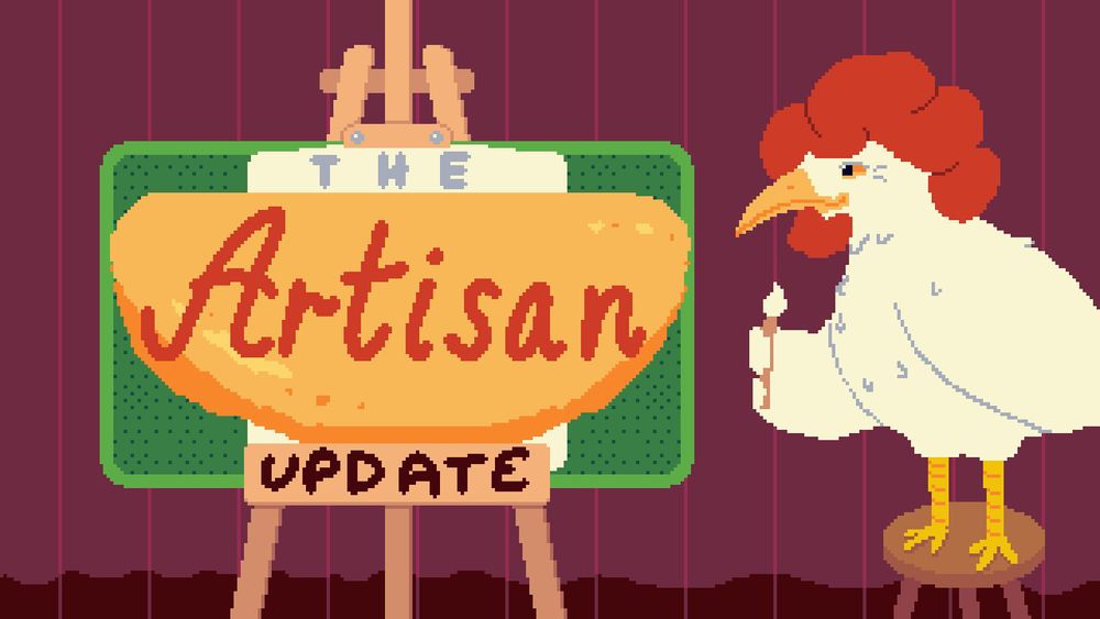 Bob Ross looking chicken painting an omelet to say "The Artisan Update"