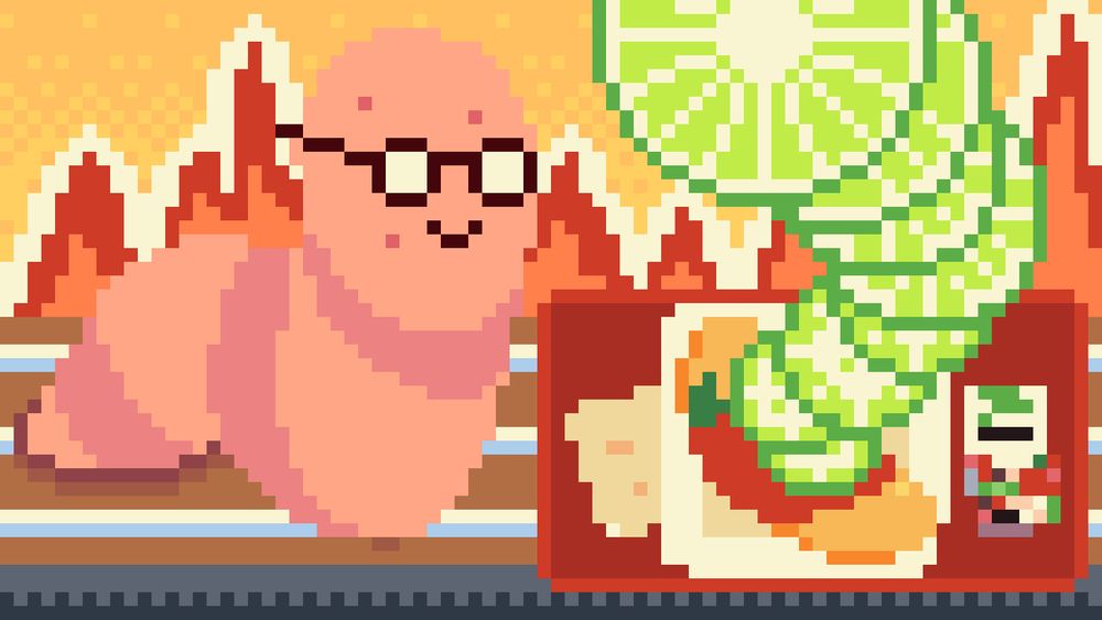 The worm from the game is smiling next to a chili with an incredibly big pile of limes on it