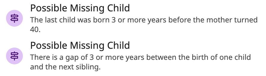 Two research suggestions:

Possible Missing Child: The last child was born 3 or more years before the mother turned 40
Possible Missing Child: There is a gap of 3 or more years between the birth of one child and the next sibling