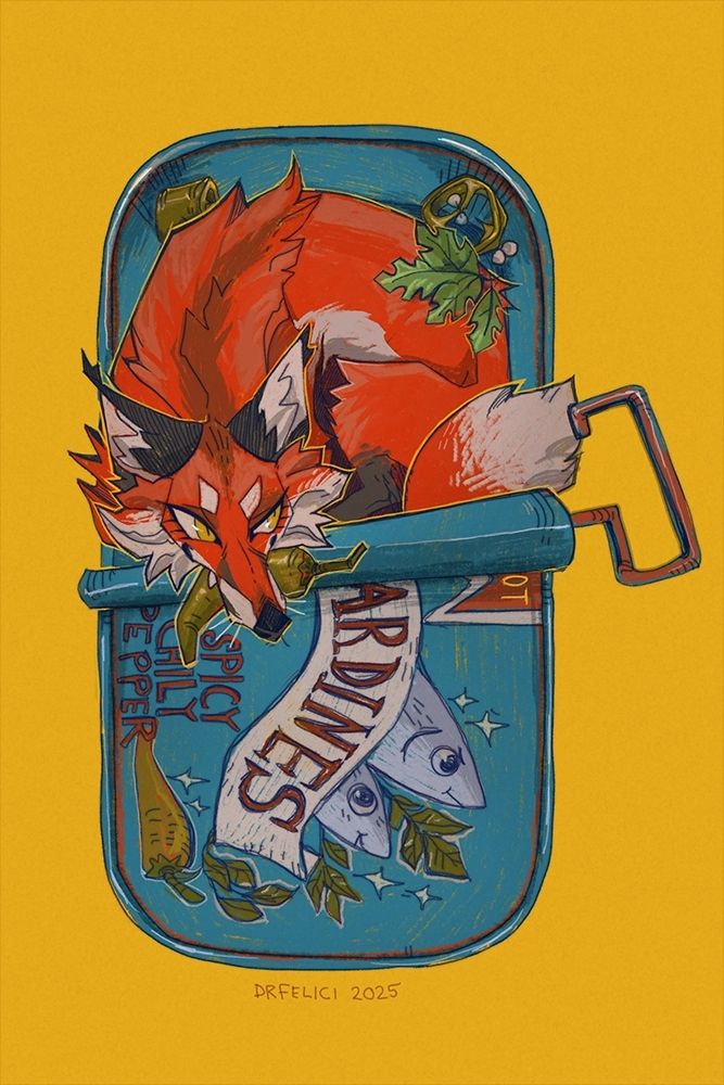 An illustration in bold colors of a sardines fish tin. It is half opened and instead of sardines is a fox, who is grinning, a chili pepper between her fangs.