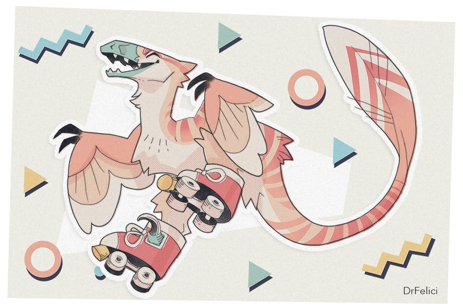 A raptor in soft pastel pinks doing roller skates. They are jumping in a dynamic way.