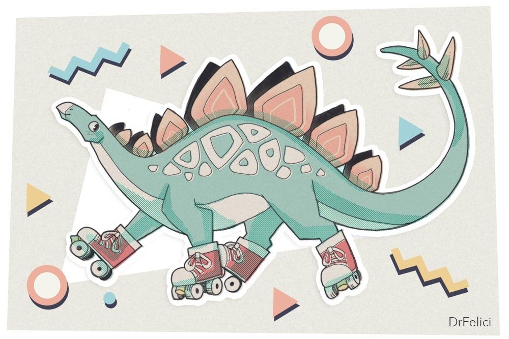 A stegosaurus in roller skates. The dinosaur is surrounded by swirls and geometric forms that give it a 90s style appearance.