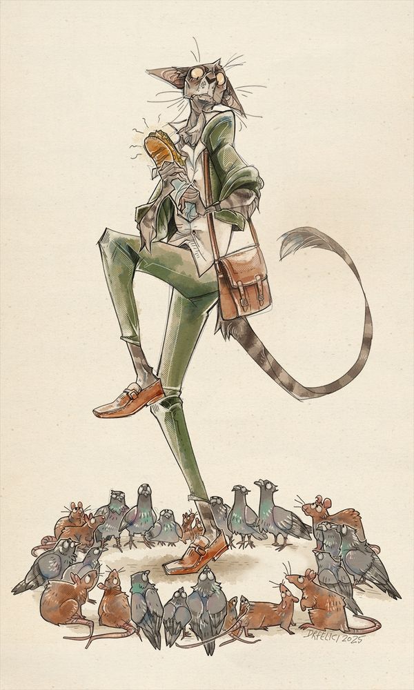 An anthro cat with short grey fur in an business attire holding a sandwich. He looks distressed due to the fact that he is surrounded by street rats and pigeons who look up to the cat and the sandwich.