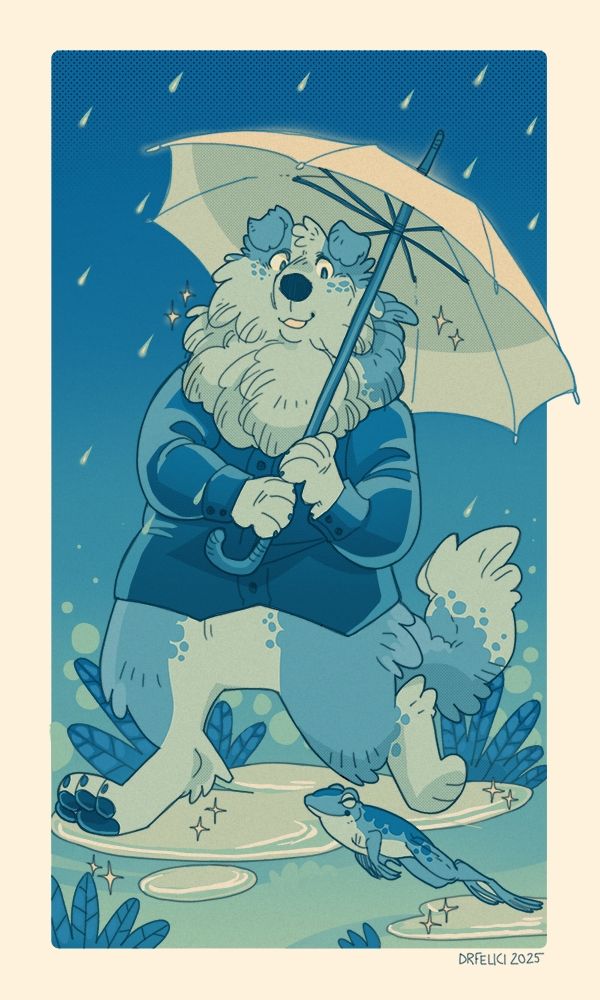 An anthropomorphic dog carrying an umbrella through the rain. He's looking down to a frog jopping next to him through puddles.