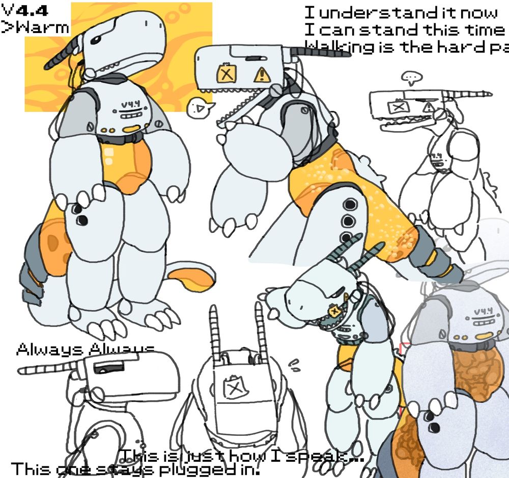 My slight redesign for my OC '4.4'

(Text)
V4.4
>Warm

"I understand it now"
"I can stand this time"
"Walking is the hard pa-" (cut off)

"Always Always"
"This one stays plugged"
"This is just how I speak..."