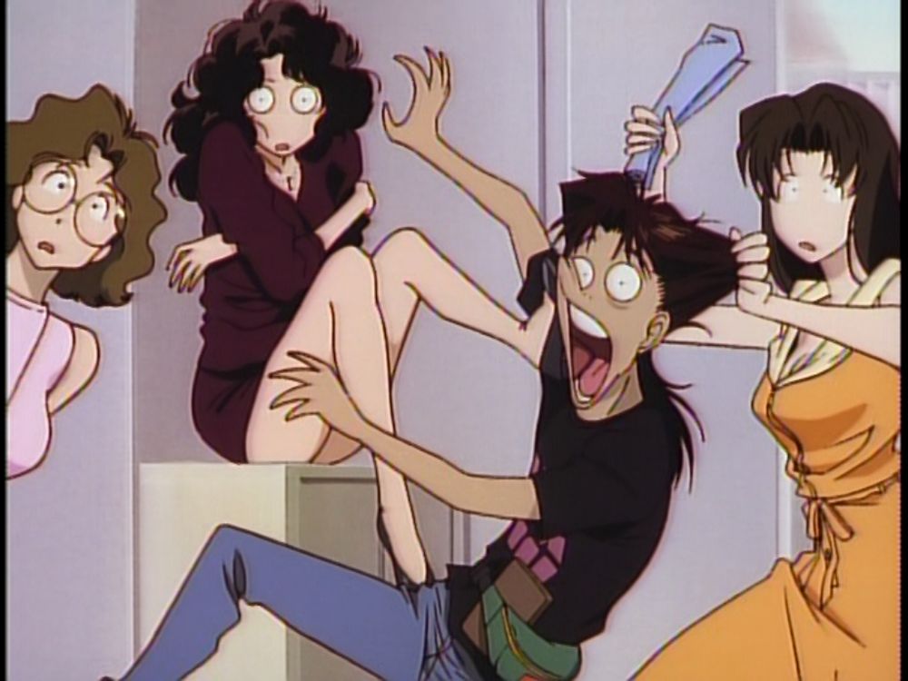 The same character, but she's sitting on a cabinet covering herself up, with her foot/high-heel pushing against Kintaro Oe's face