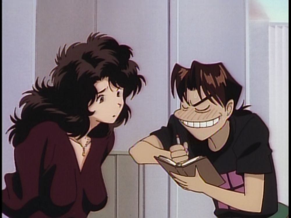 The same woman, leaning forward and looking confused as Kintaro erases some crude notes from his notebook
