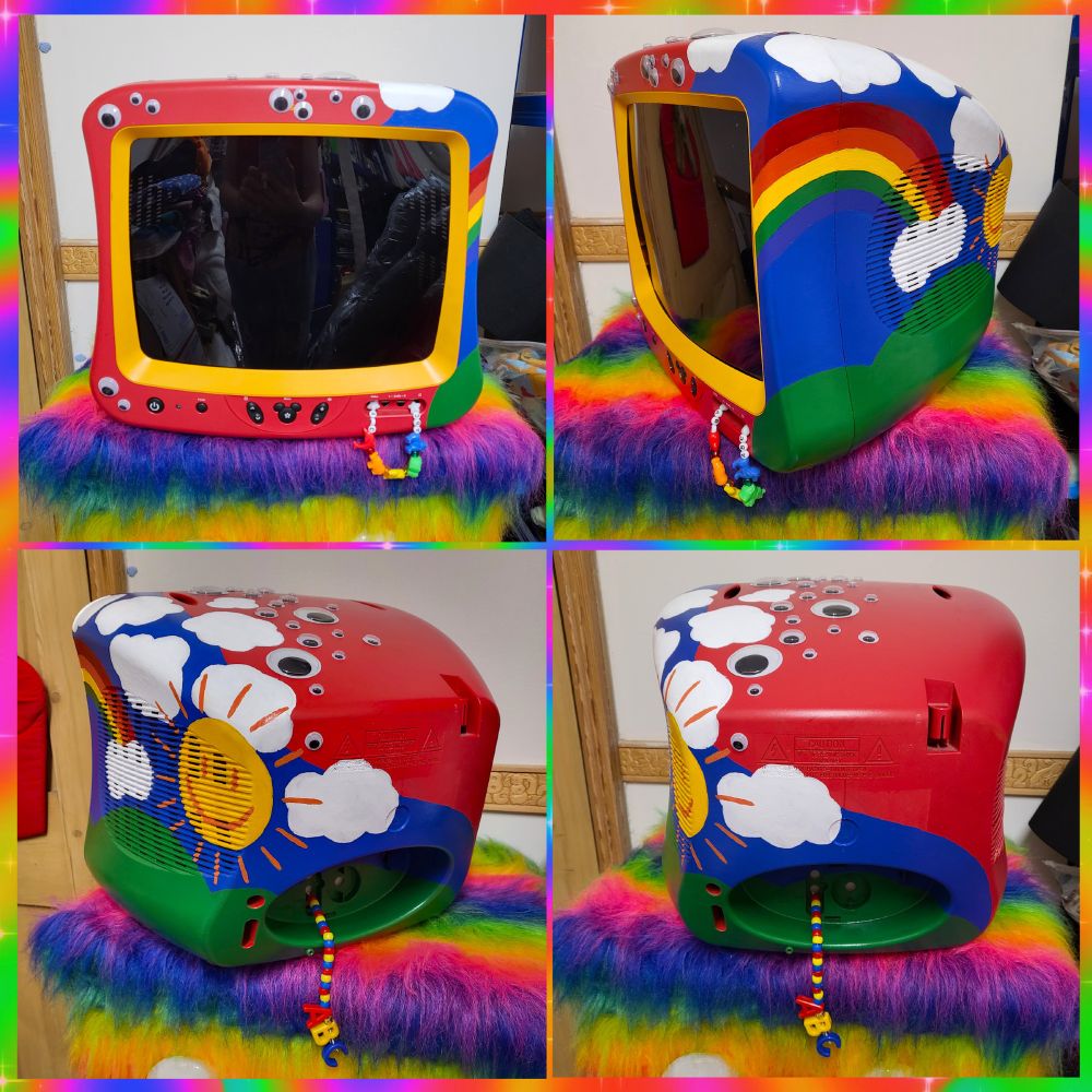 Shows a TV Head from four different angles (a hollowed-out television that has been converted into a wearable helmet for cosplay purposes) customised with a kidcore theme.
