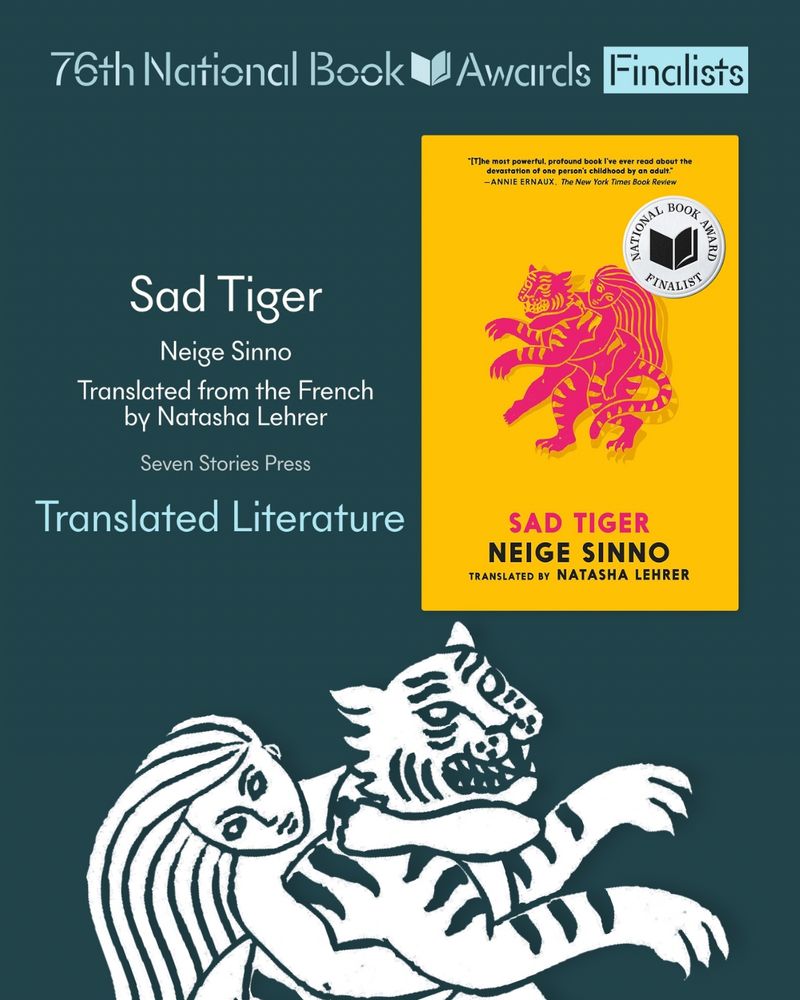 Graphic announcing SAD TIGER as a National Book Award finalist for translated literature 