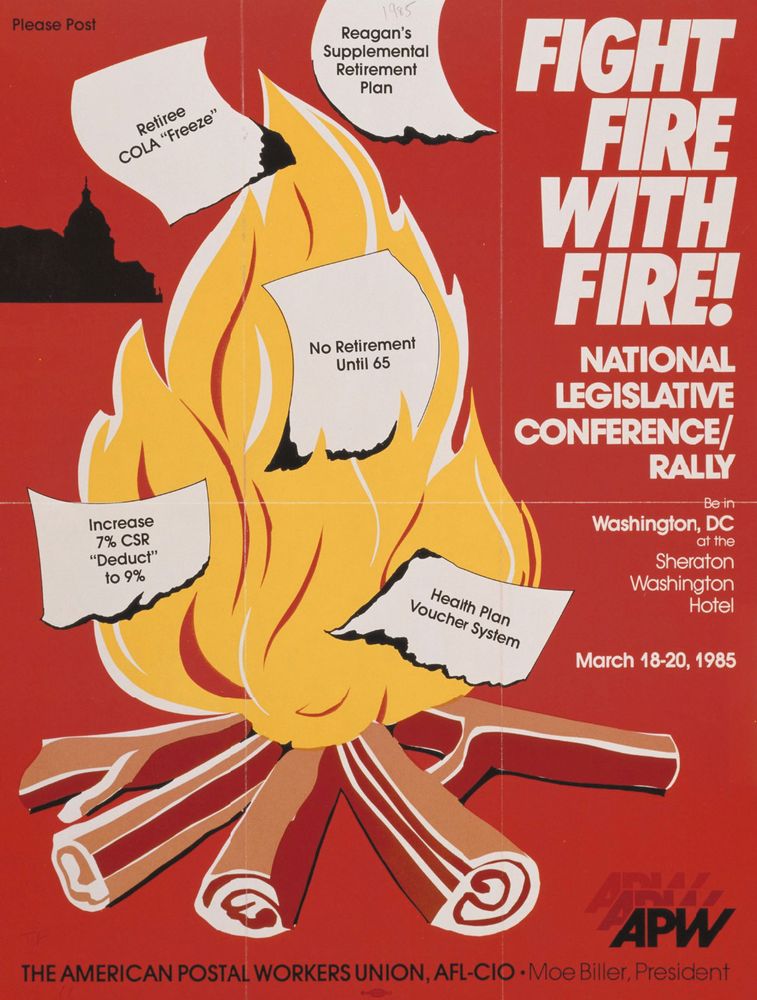 graphic: Reagan policies being burned on a campfire
text: FIGHT FIRE WITH FIRE! NATIONAL LEGISLATIVE CONFERENCE/RALLY