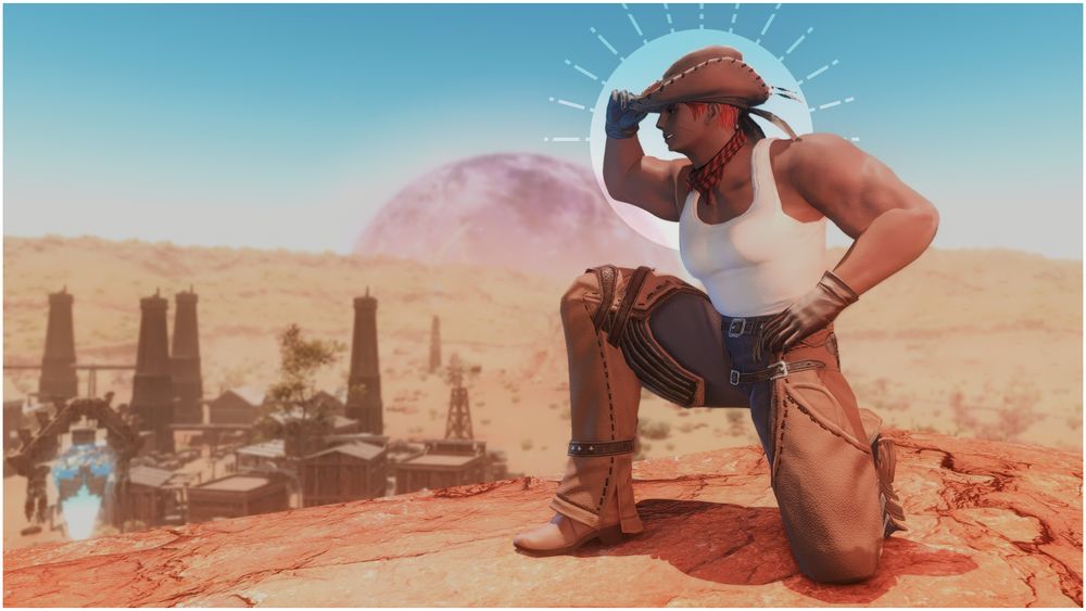 Lexia in her cowboy gear, kneeling down and peering off into the distance, the background is Shaaloani from FF14.