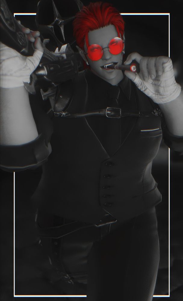 Rosa walks forward with the "Outsider" Machinist gun slung onto her right shoulder, carefully holding her cigar with her left hand whilst still in her mouth.