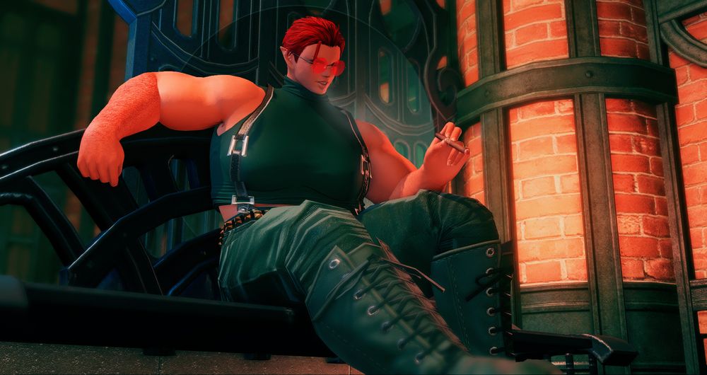 Rosa sits back on a bench, cigar in hand, letting out some smoke.