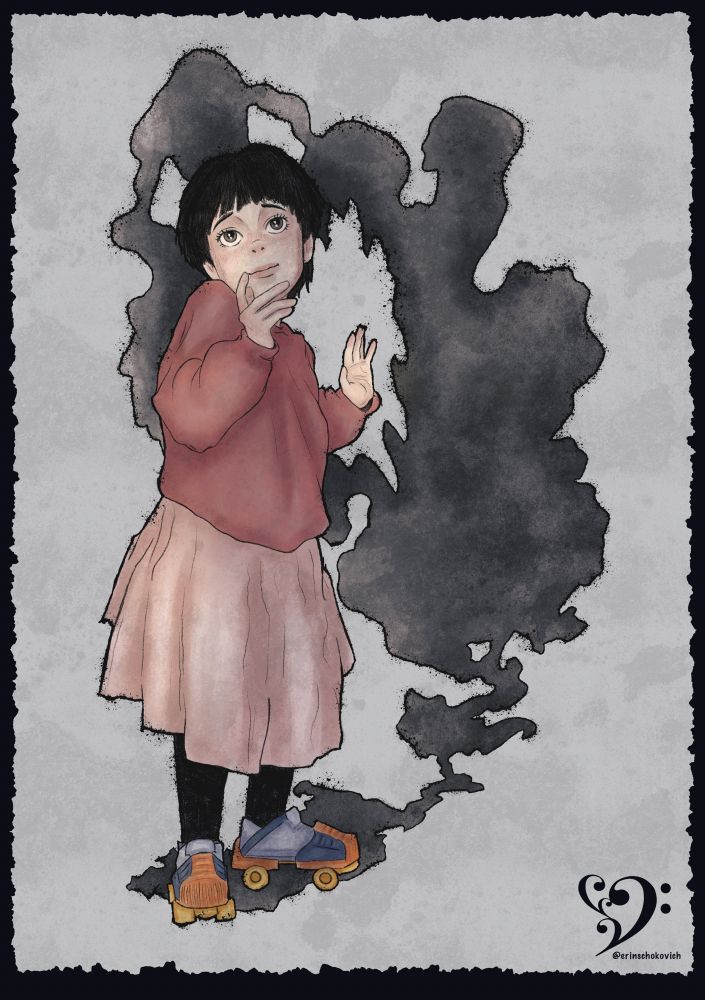 Illustration Kind, in roten pullover, hellem Rock über Hose in verstellbaren Rollschuhen, sieht verträumt in die Luft. Als Schatten (nicht akkurat fallend) bildet sich eine graue Wolke mit monsterhaften Zügen dessen Maul offen auf Kopfhöhe des Kindes klafft. 