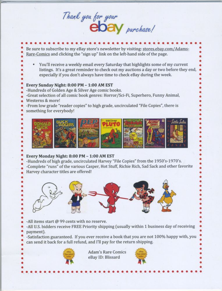 A second "Thank you for your ebay purchase!" flyer by Adam Anderson. Similar information as the first image but the layout is different and the banner of characters is in the bottom half.
