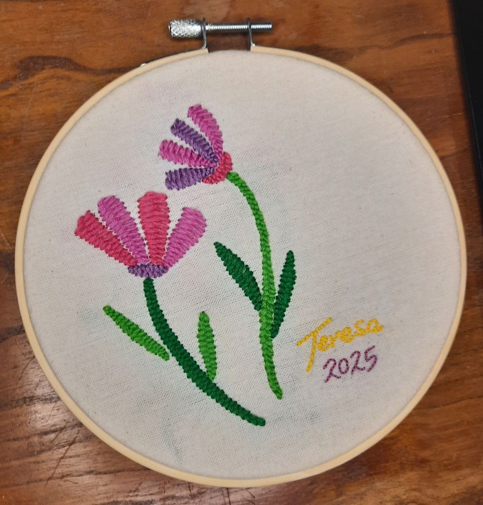 A design of two simplistic flowers with green stems and pink petals embroidered on a plain background held in a small embroidery hoop. Created in Mérida, Mexico, in January 2025.