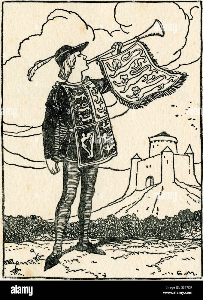 black and white image of a herald blasting a horn with a castle behind him. 