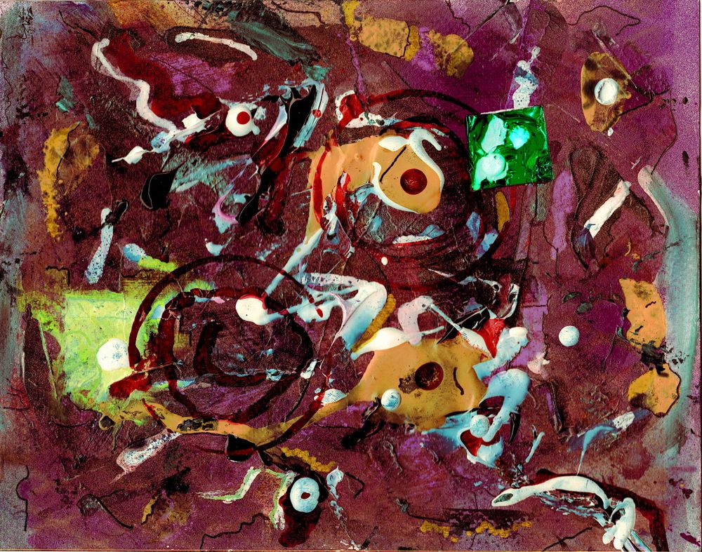 round red target like symbols round thick drops of white paint with small round dots dripped on top two green scares of different hues some big blue black paint drops lots of movement chaos but a general feeling of unity