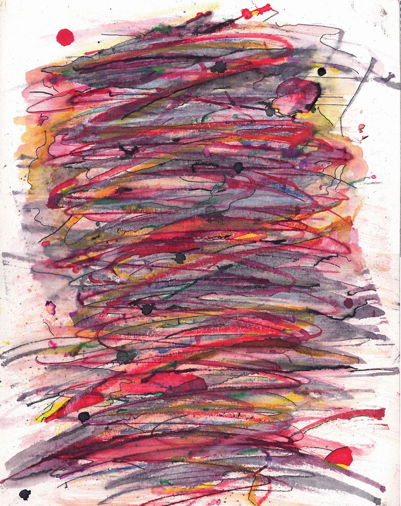 Ink and watercolor piece dominated by reds and pinks with gray-lavender and yellow accompaniment. There is red back and forth  motion creating a portrait oriented piece. Evenly spaced drips going from upper right to lower left provide a kind of bass line to the "right hands" tumult.