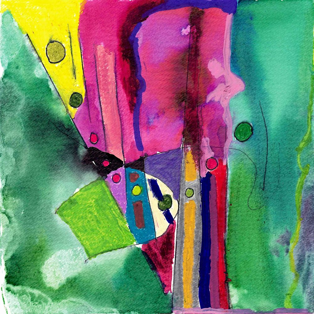 green blues fluid fruid watercolor straight lines bullhorn reds pinks blues cirles square lines freedom and boundedness